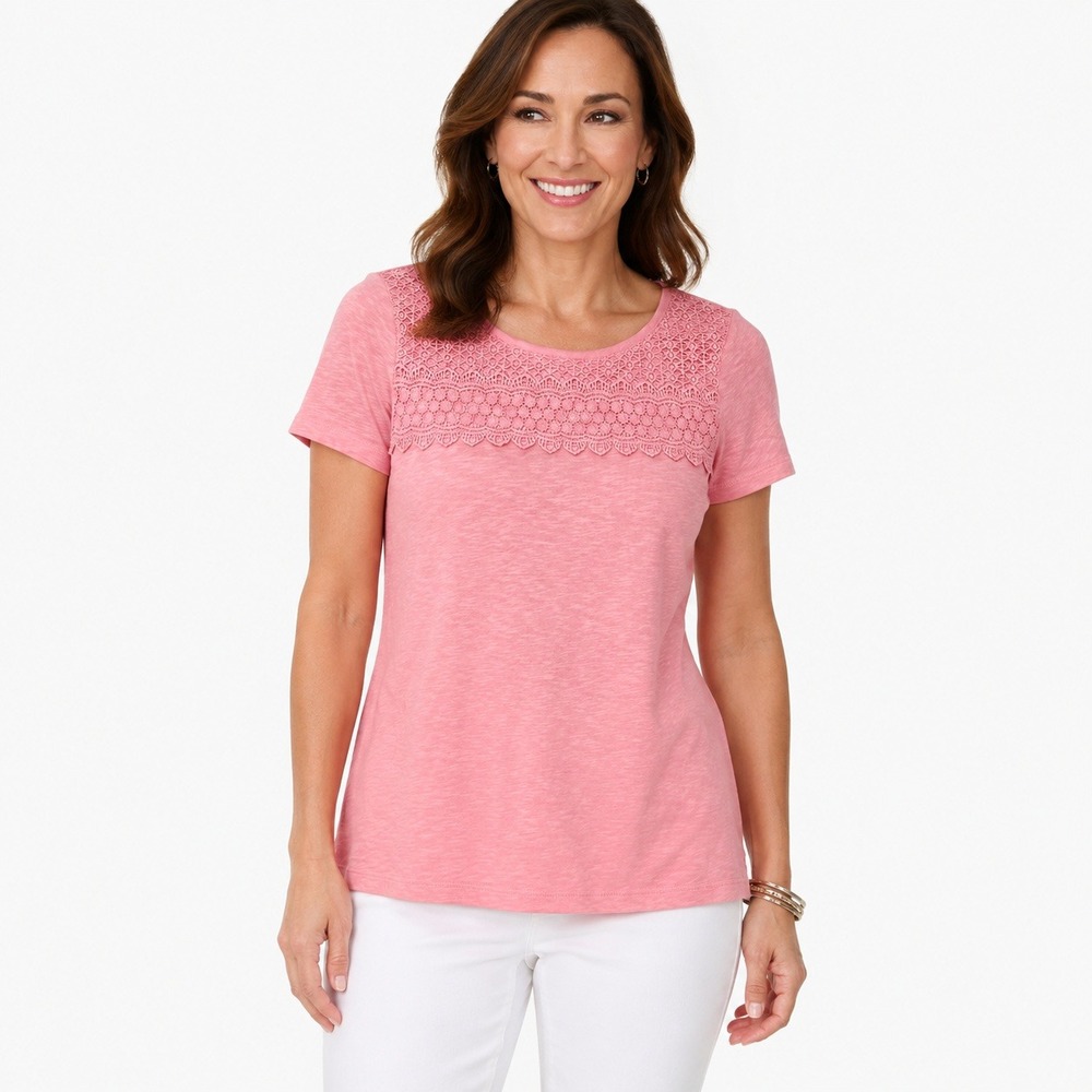 Talbots Petite Pink Crochet Lace Yoke Slub Cotton Tee Top SP - Picture 1 of 6
